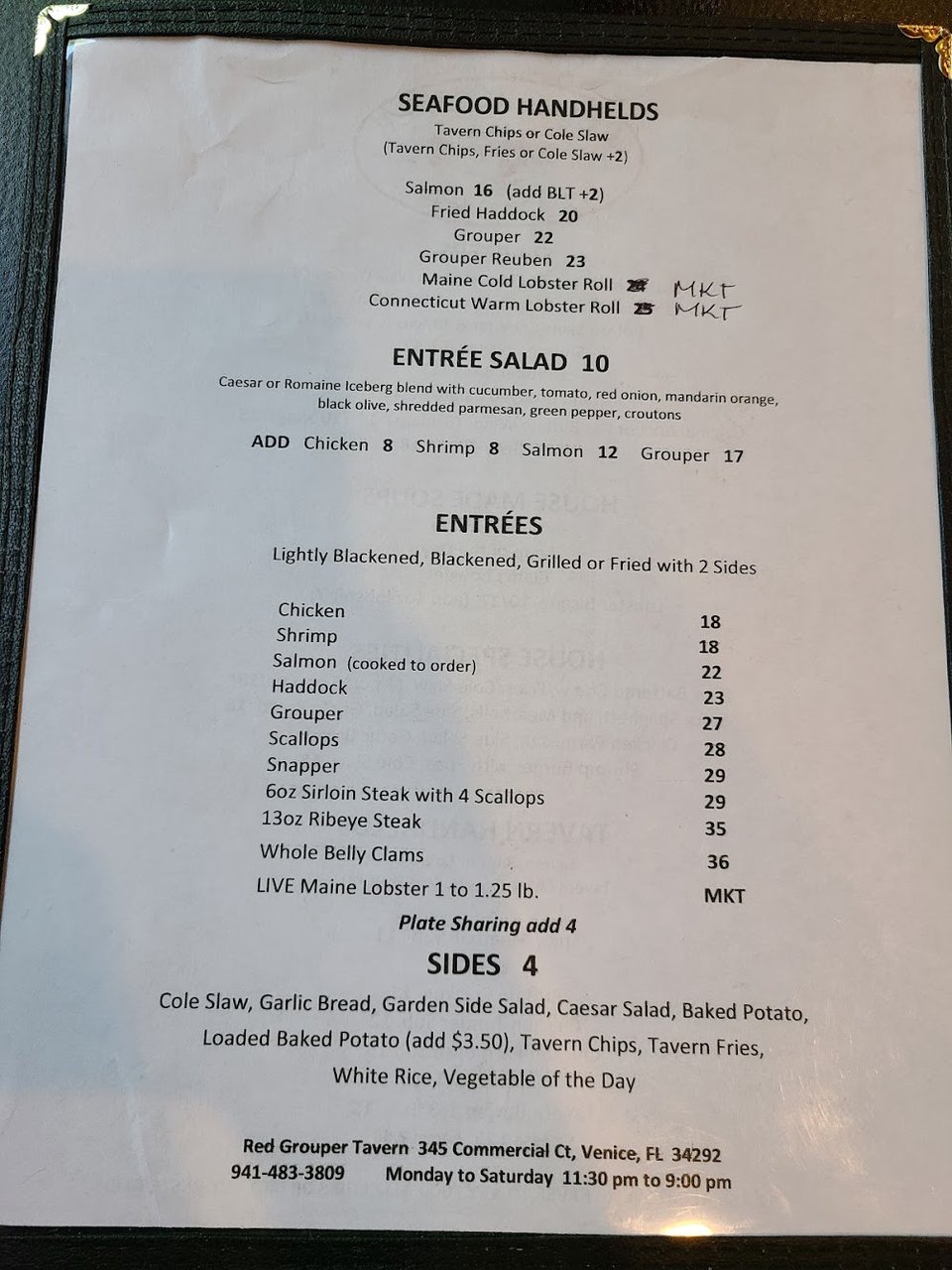 Menu page listing fish, wings, and chowder.